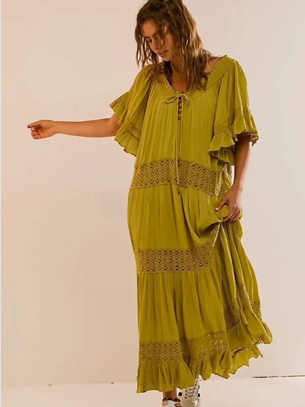 Free People Dream On Brand New Boho Maxi Dress Cottagecore Olive Green Large